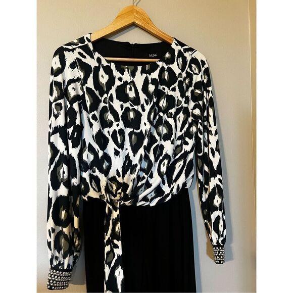 MSK Women’s Size Small Wide Leg Jumpsuit Black White Animal Print Tie Waist - Picture 3 of 12